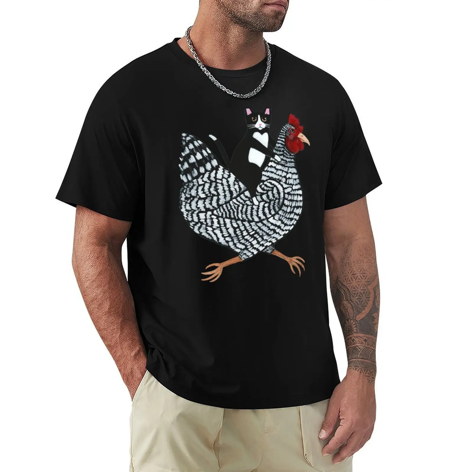Tuxedo Cat Chicken Ride T-Shirt Sweat Resistant Workout Tee Shirt