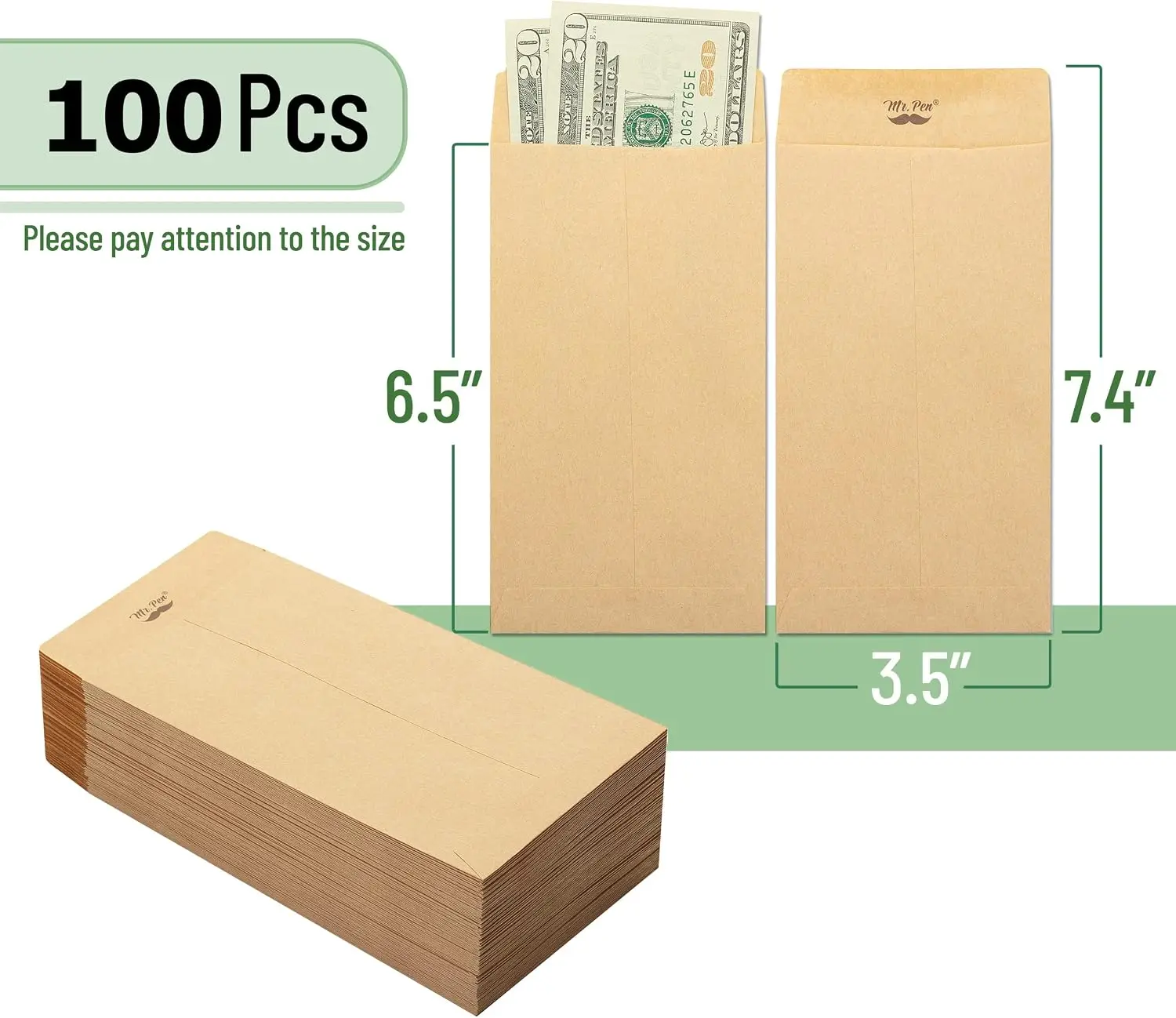 Kraft Money Envelopes for Cash, 6.5x3.5 Inches, 100 Pack Self-Adhesive Bulk Envelopes for Budgeting, Saving Coins, Organizing