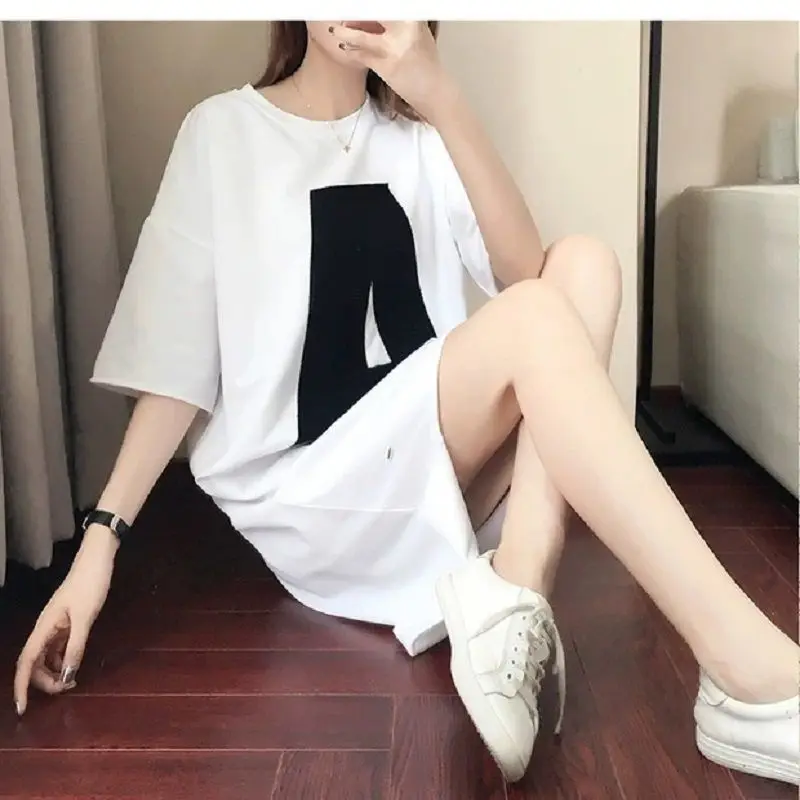 Fashion O-Neck Printed Letter Asymmetrical Hole Casual Dresses Female Clothing 2024 Summer New Loose Korean Irregular Mini Dress