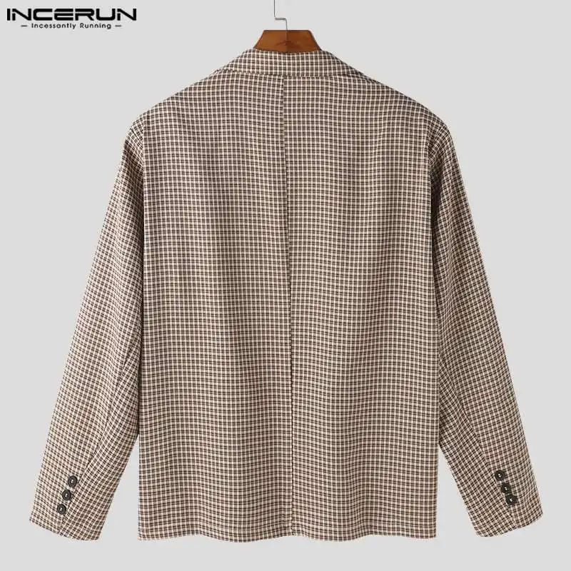 INCERUN Men Plaid Blazer Lapel Long Sleeve Button Casual Suits Men Spring 2024 Streetwear Elegant Fashion Leisure Coats S-5XL