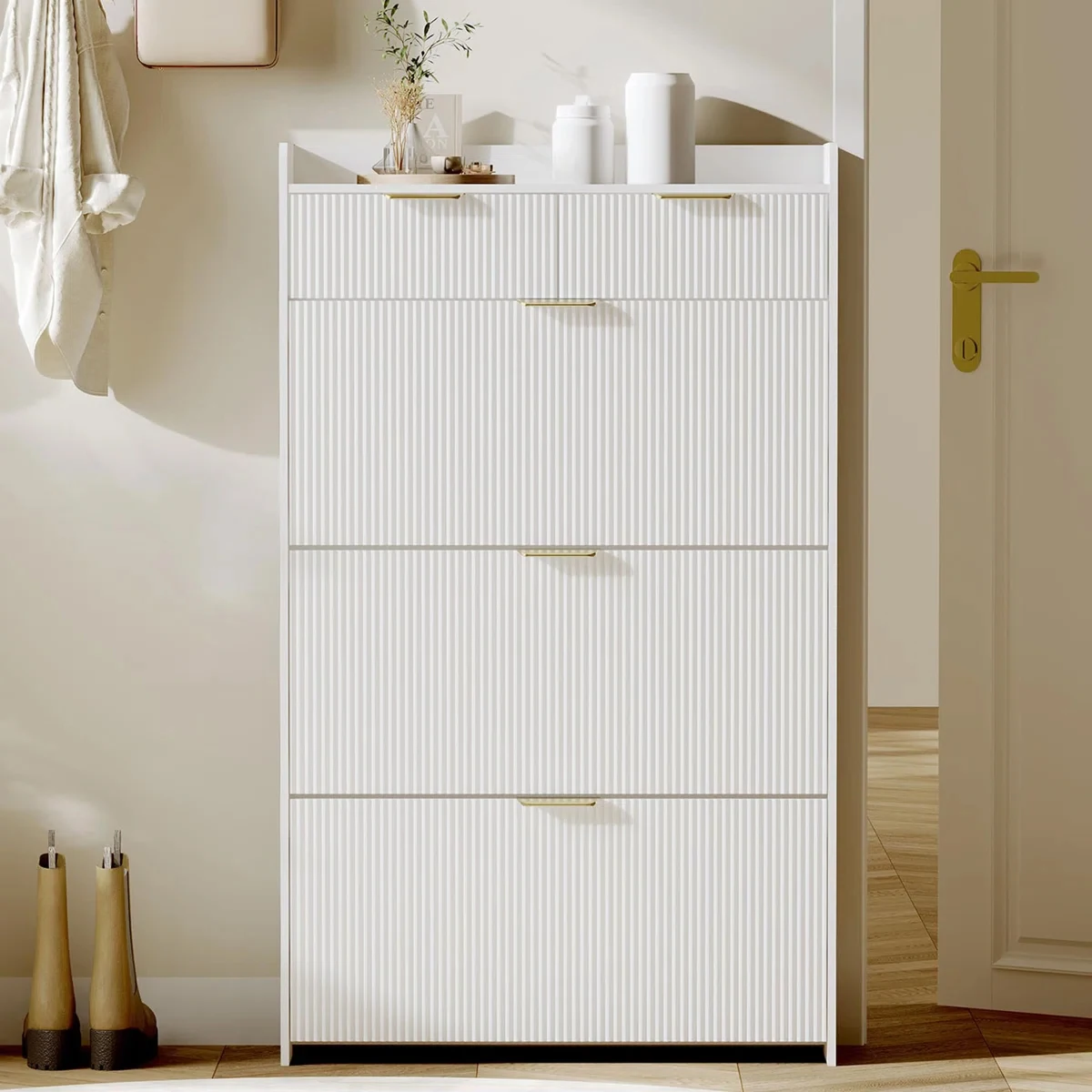 

Hot Selling Modern Simple Luxury Living Room Shoe Cabinet Wholesale Corrugated Finish White Three Layer 2 Drawer Shoe Rack