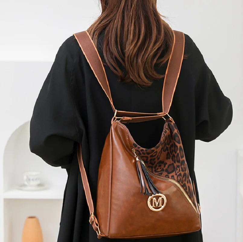 

New Korean Fashion Leopard Pu Leather Backpacks Women's Large Capacity Multifunctional Shoulder Bags Totes Crossbody Backpack
