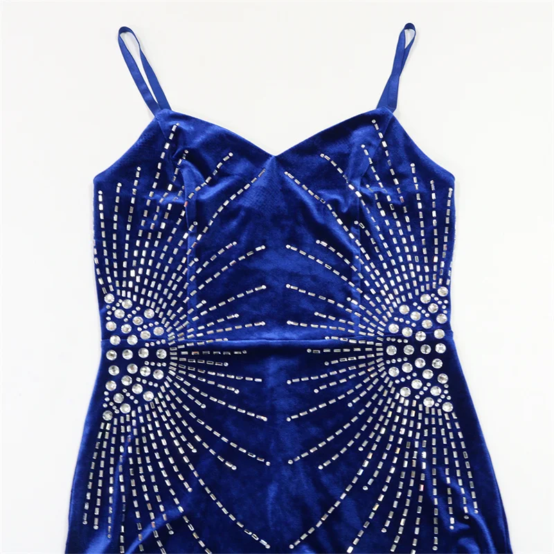 Sexy Spaghetti Strap Velvet Maxi Dresses Women Evening Sparkly Rhinestones Diamonds Slim Night Club Party Prom Dress Robe Femme