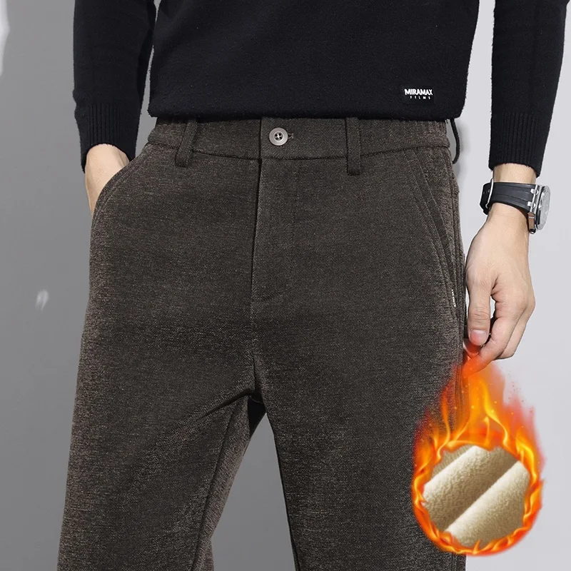 

Мужские флисовые теплые повседневные брюки, модные деловые прямые толстые удобные эластичные брюки из синели, черные фланелевые рабочие брюки