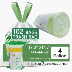 4 Gallon Trash Bags Drawstring - Green Small Garbage Bags Unscented for Bathroom, 15 Liter Thick Plastic Wastebasket