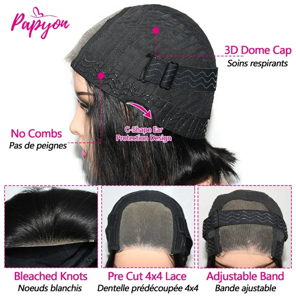 Short Straight Bob Human Hair Wigs, Full Machine Made, Pre-Cut 4x4 Lace, Elastic Drawstring, Upgraded Breathable Wigs