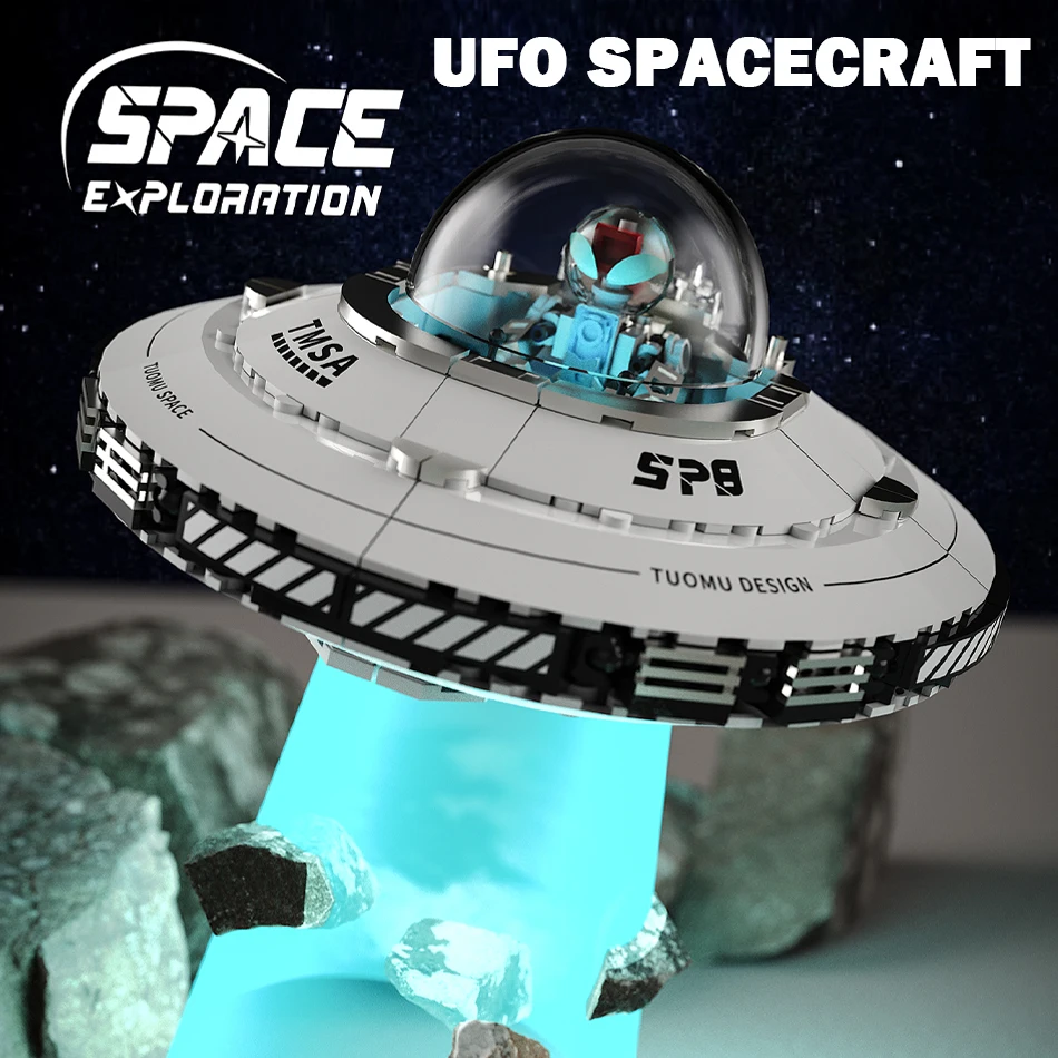 Creative UFO Spaceship Technology Building Blocks With Night Light Spacecraft Alien Home Decor Model MOC Bricks Toys Boys Gift