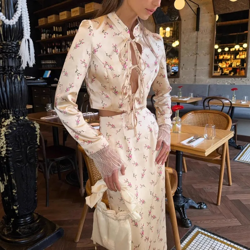 

Tsiisd Elegance Floral Print Lace 2 Piece-Set Women Lace-Up Crop Top High Waist Skirt Sets Party Fashion Outfits Female Sets New