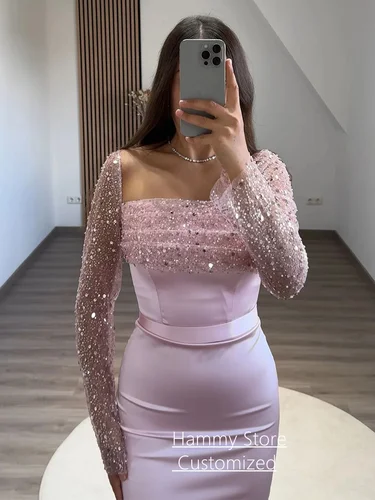 Imagen 2 del producto Vestido de noche rosa pálido personalizado cuello cuadrado mangas largas lentejuelas hasta el suelo satén sirena vestido de fiesta vestidos de fiesta del desfile