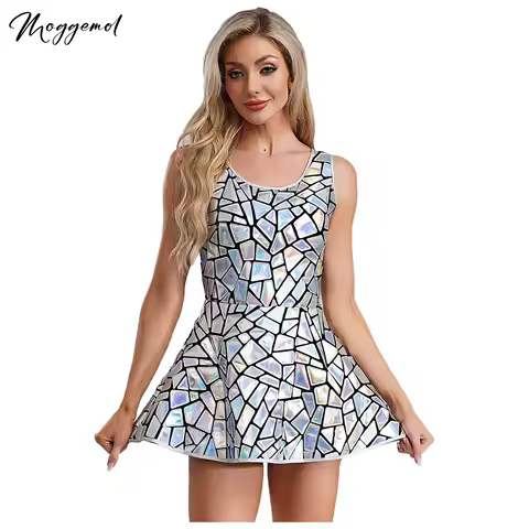 Women Sparkly Mirror Dress Sleeveless A-line Dress Nightclub Evening Birthday Outfit Bar Dj Gogo Dancer Singer Stage Costumes
