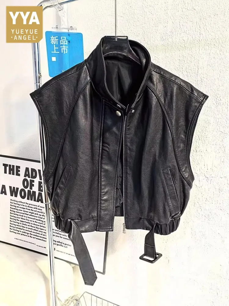 Top Quality Women Genuine Leather Motorcycle Short Vest Stand Collar Casual Waistcoat Zip Natural Sheepskin Sleeveless Outerwear