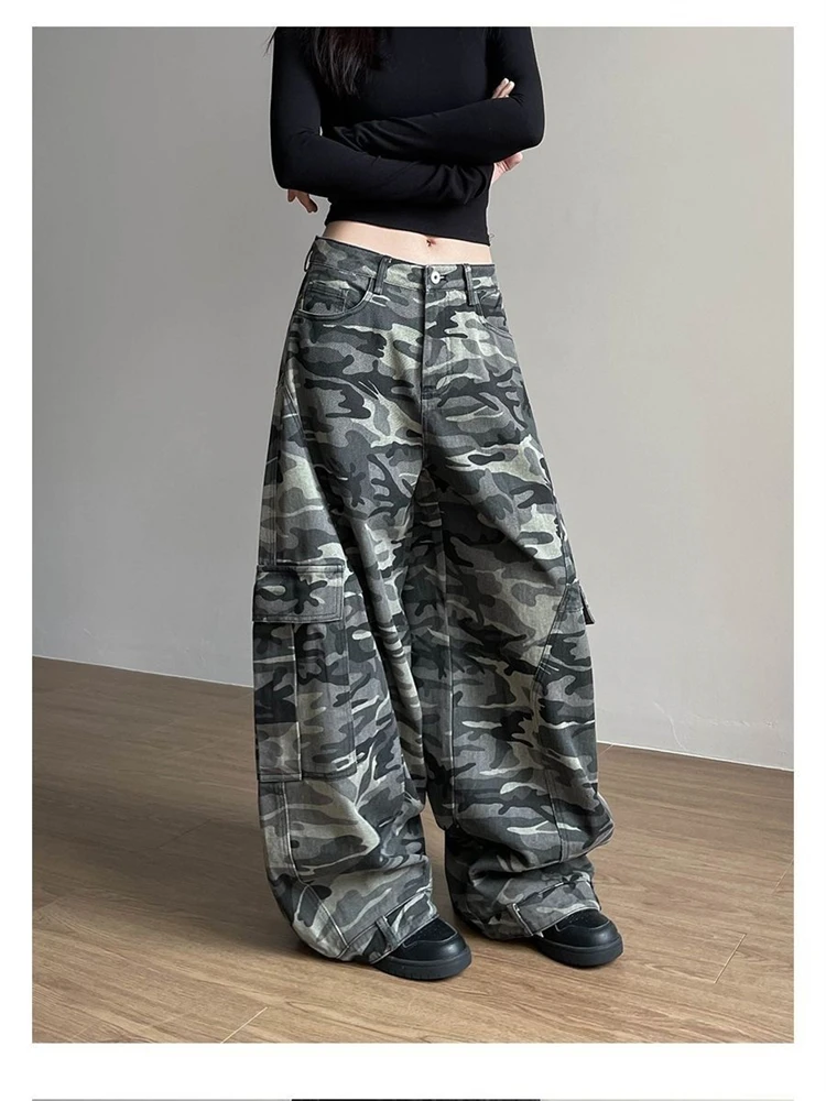 

Women's Large Pocket Curved Wide Leg Camouflage Cool Girl Street Straight Bottoms Female Summer Unisex Loose Trousers