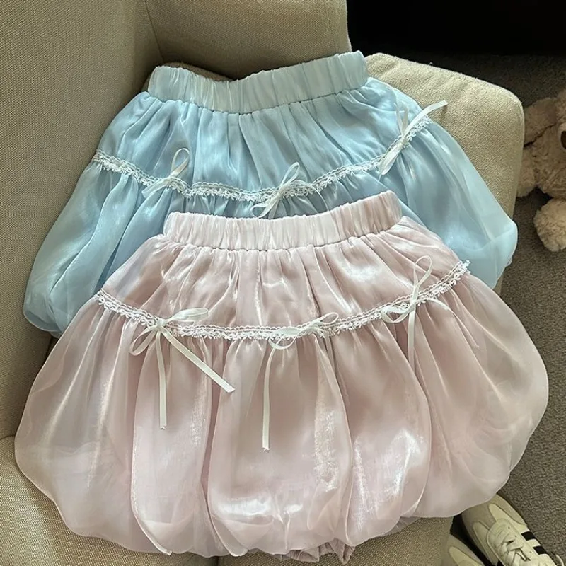 

Короткая юбка с пышным бутоном и бантом, женская летняя новая юбка с высокой талией и бретелями