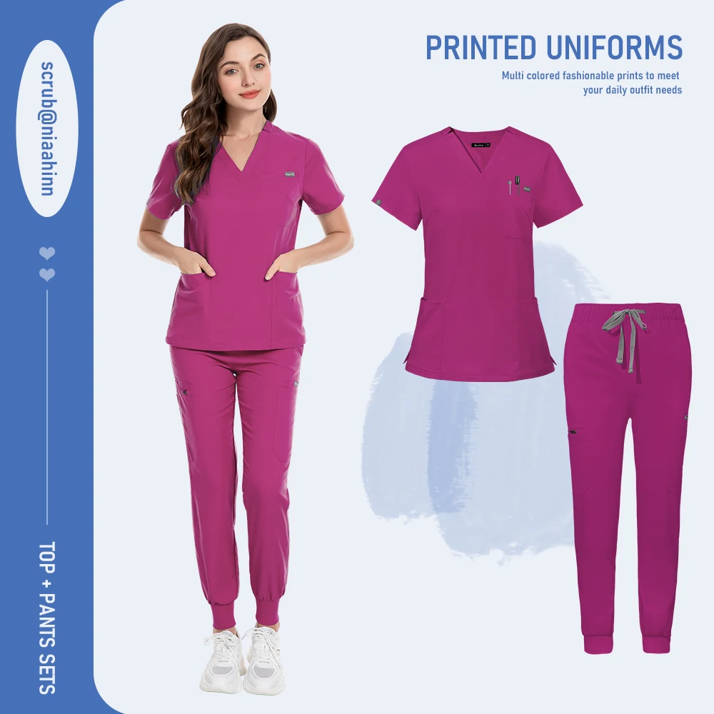 Niaahinn Uniform Schönheitssalon Haustier Krankenhaus Medizinisches Peeling Krankenpflege Krankenschwester Peeling V-Ausschnitt Tops Scrub Jogger Sets Hochwertige Uniformen – Detail 9
