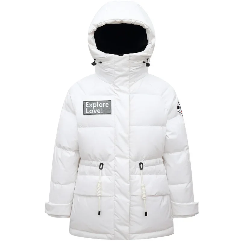 Down jacket medium and long Korean version waist thickened white duck down small loose