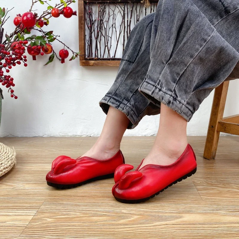 Koznoy 2cm Retro Cow Genuine Leather Goat Horn Ethnic Spring Autumn Shallow Women Summer Leisure Slip on Flats Fashion Shoes