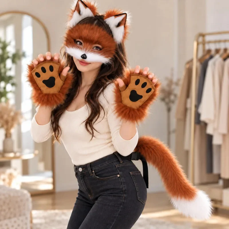 4Pcs Furry Fox Costume Set Animal Mask Ears Headband Long Tail Paw Gloves Cosplay Accessories For Adults Party Dress Up Gift 6