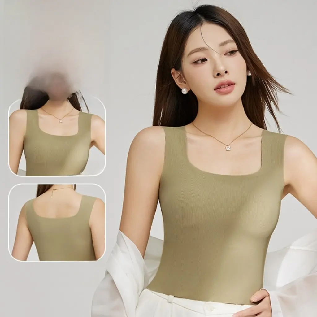 

Women's Ice Silk Ribbed Camisole Square-Neck Tank Top with Built-In Bra Pads Sleeveless Beautiful Back Design