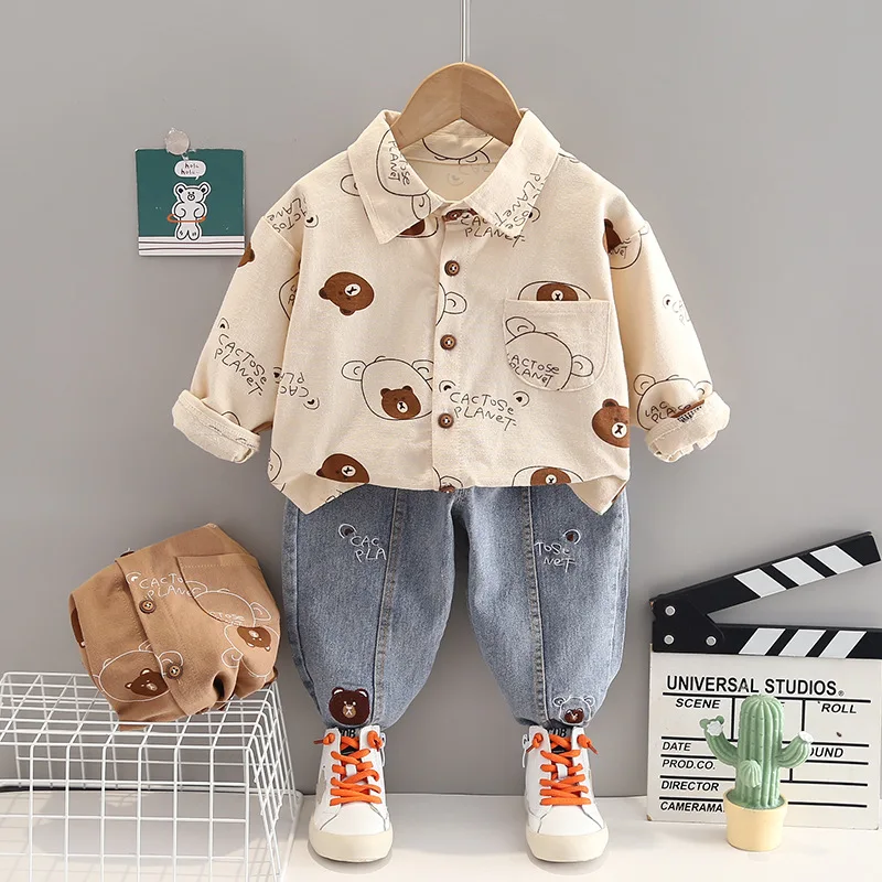 New Spring Autumn Boys Clothing Set Full Print Bear Shirt + Jeans 2Pcs Suit For Kids Children Birthday Present Outfit