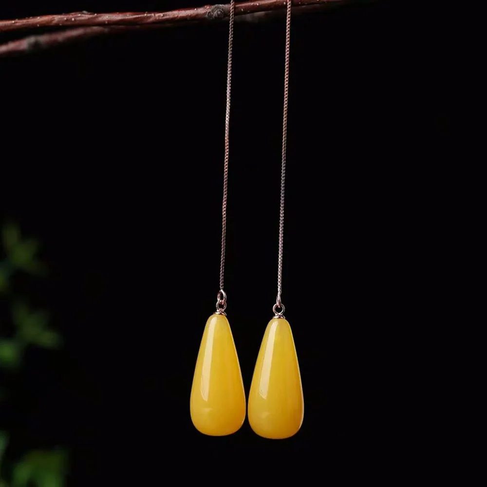 Natural Baltic Amber Water Drop Earrings Women Fine Jewelry Accessories Yellow Blue Amber-beads Earrings Gifts For Ladies