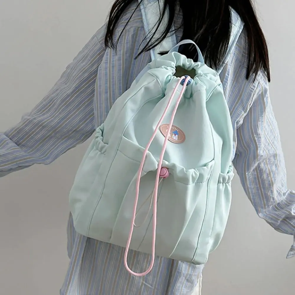 Solid Color Fresh Color Drawstring Backpack Nylon Large Capacity Students School Bag Korean Style Travel Bag Shoulder Bag