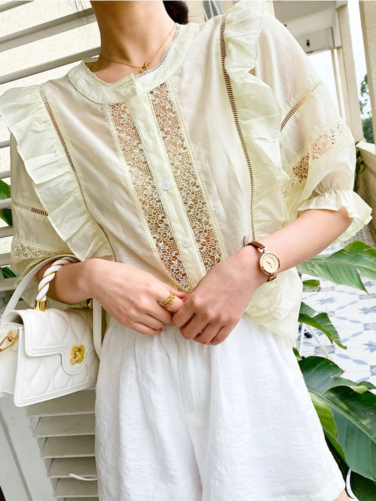 

GypsyLady Hollow Out Sexy Chic Blouse Shirt Lyocell Lace Patchwork Sheer Sexy Summer Yellow Women Blouse Puff Sleeve Ladies Tops