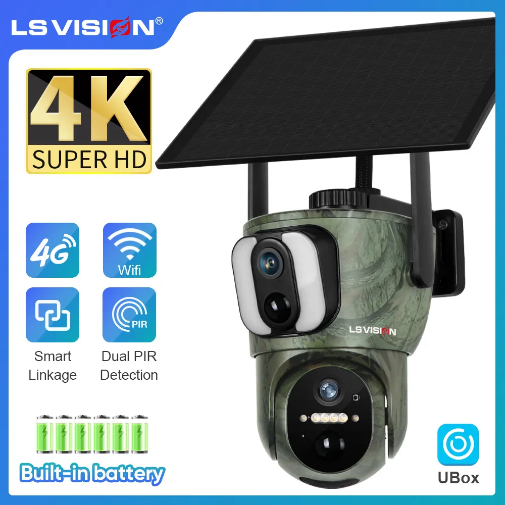 LS VISION 4K Dual Screen Solar Camera Outdoor 8MP 4G/WiFi PTZ Dual PIR Detection 2-Way Talk Waterproof Wildlife Cameras Ubox App