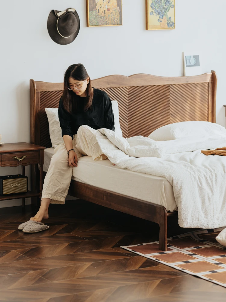LH solid wood bed retro black walnut bed bedroom solid wood master bedroom