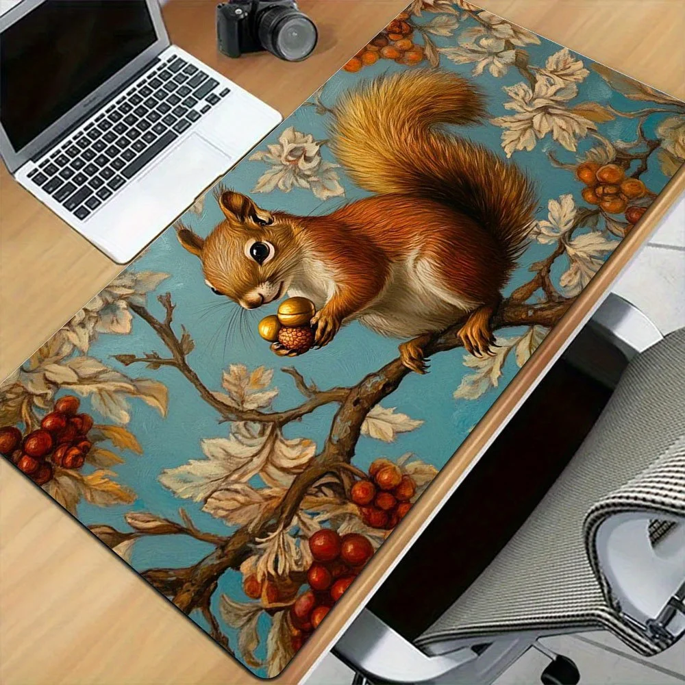 

Squirrel with gold acorn mouse pad, large anti-slip desk pad, suitable for office and home computer accessories, easy to clean