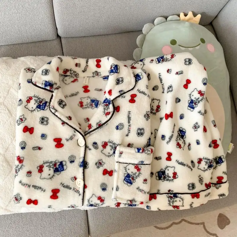 

Sanrio Hello Kitty Flannel Women's Pajamas Set Cuteore Cartoon Winter Warm Sleepwear Long Sleeve Pant Nightwear Home Clothes New