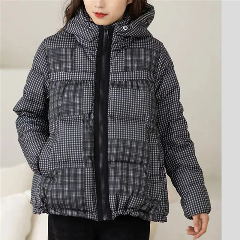 Short Down Jacket Women Winter Parka Plaid Hooded White Duck Down Coat Thick Warm Loose A-line Shape Oversize Overcoat Female