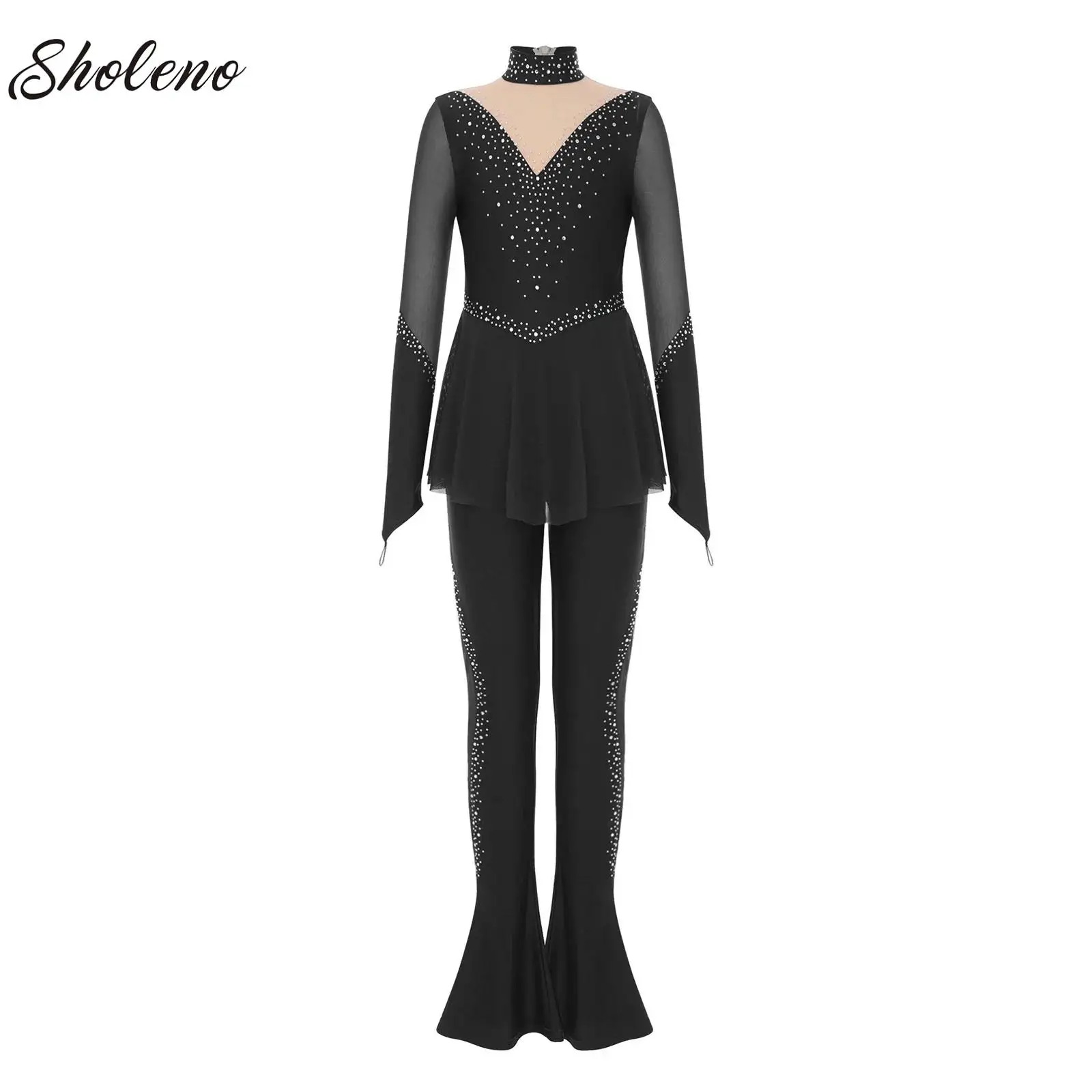 

Kids Girls Rhinestone Figure Skating Gymnastics Leotard Ballet Dance Acrobatics Yoga Bodysuit Zipper Bell-Bottom Peplum Jumpsuit