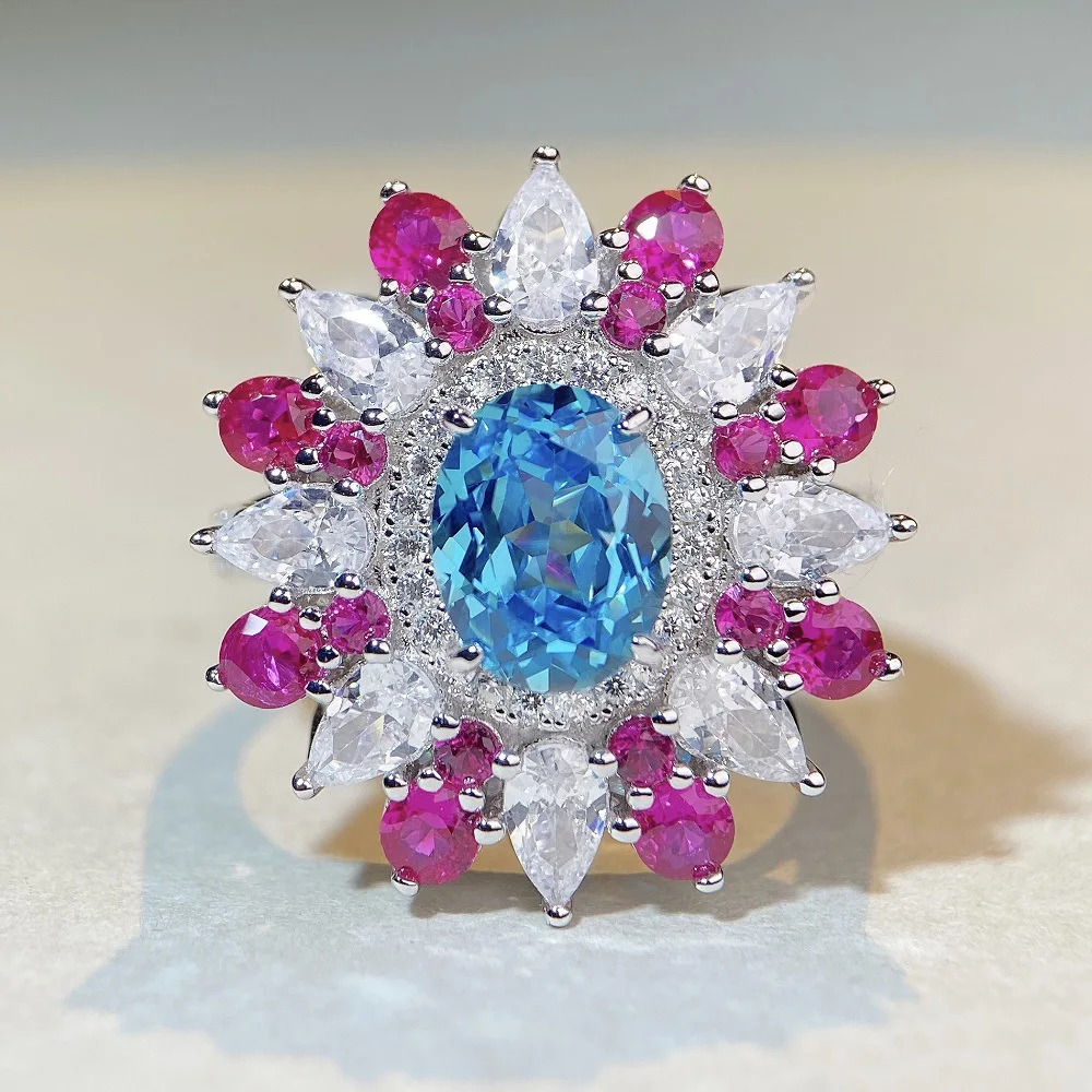 

New 925 Silver Ring Color Diamond Zircon Ring Candy Red Sapphire Back Set Luxury Ring for Women