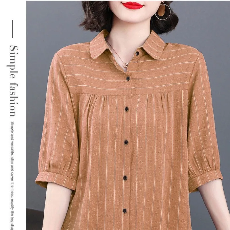 2024 Summer Three Quarter Polo-Neck Large Size Women\'s Clothing Solid Color Striped Temperament Office Lady Shirt Slim Tops