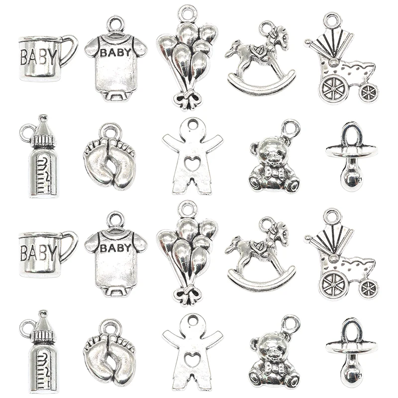 20pcs Baby Theme Charms Alloy Rocking Horse Baby Bottle Ginger Bread Man Toy Tibetan Baby Pendants For DIY Jewelry Making