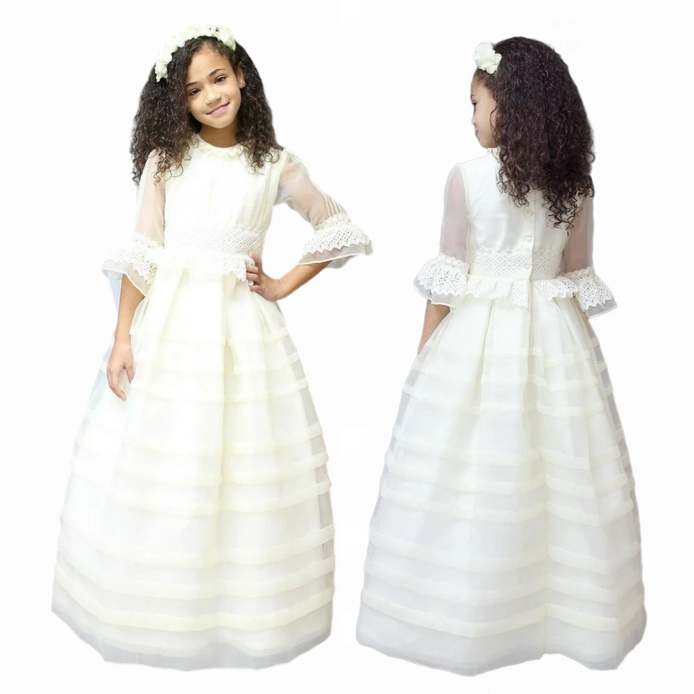 

First Communion Dress Flower Girl Dress Spanish European Style Ivory Organza and Cotton Lace Thin Pleats High Quality Dresses