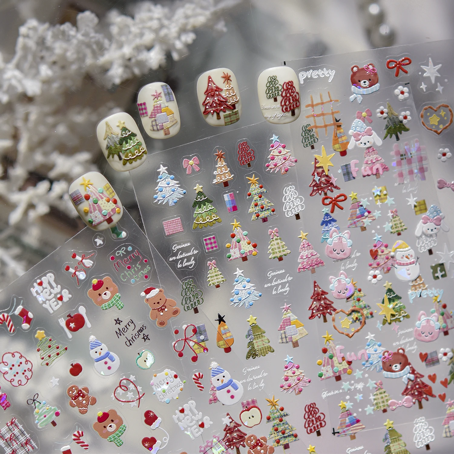 Nail Art Xmas Simple - 1 個ヴィンテージレトロ冬ネイルステッカーシンプルな松 & 星柄エンボスデカールクラシック優しいクリスマスマニキュアアクセサリー