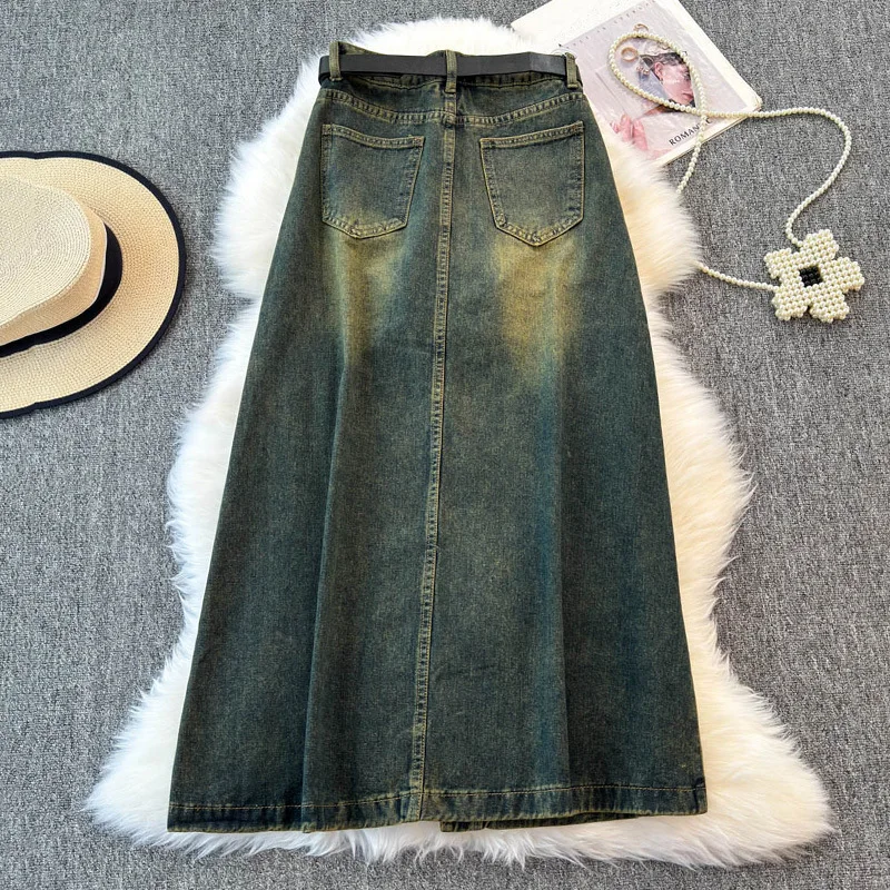 EWQ High Street Split Denim Skirt For Women Fashion Belt Pocket Gathered Waist Versatile Loose Casual Skirt 20204 New 27X1181