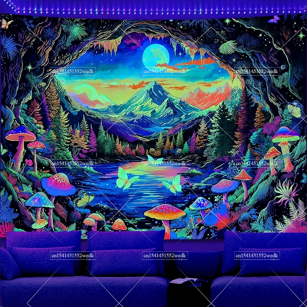 UV Blacklight Reactive Tapestry Mountains Glow In The Dark Butterfly Mushroom Neon Tapestrys Aesthetic Wall Art Party Backdrops