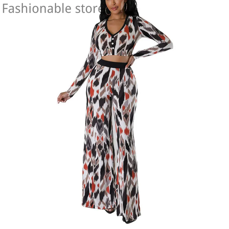 Women Casual Print V Neck Long Sleeve Button Front Top and High Waist Wide Leg Pants 2pcs Set