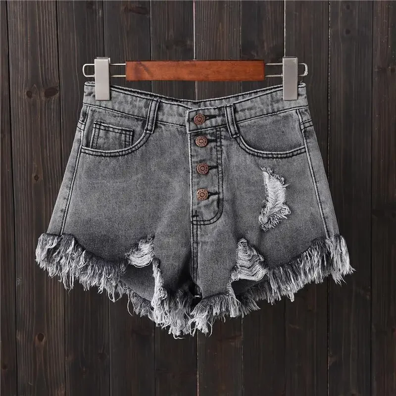 Plus Size Wholesale Ripped Stitching Denim Shorts Women's Korean Style Summer Slimming Bell Bottoms Vagabond Fringe Hot Pants