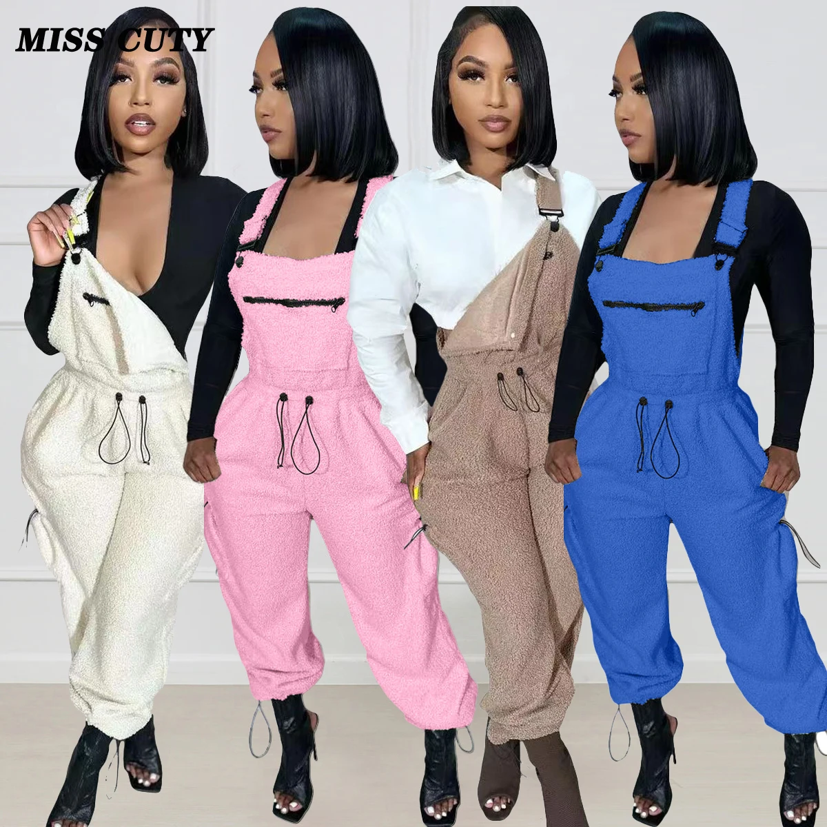 Fur Overalls Jumpsuits Cargo Pocket Pants 2023 Women Bodysuit Playsuit Elegant Luxury Baggy One Piece Fashion Club Jumpsuits