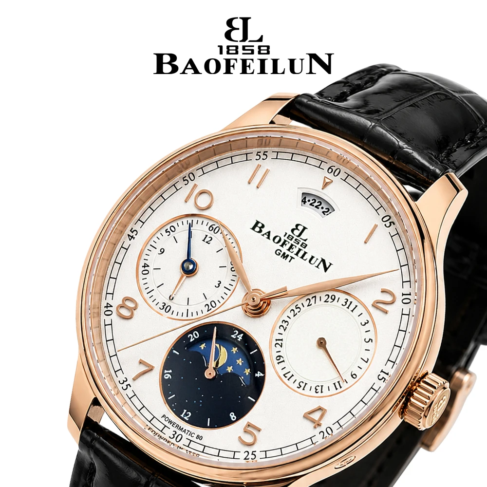 BAOFEILUN Luxury Men's Automatic Mechanical Watch Dual Time GMT Sapphire Crystal 50M Waterproof Business Dress Wristwatch