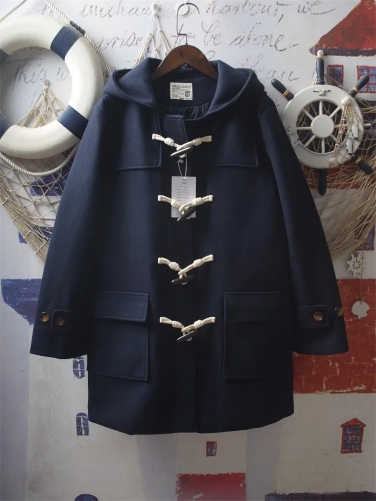 [En Stock] Abrigo de Mujer de Alta Calidad, 100% Algodón, Chaqueta con Bolsillos Grandes, Estilo Informal, Hebilla de Cuerno, Abrigo de Lana