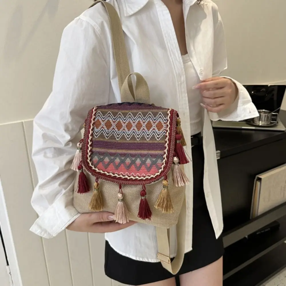 Tassel Ethnic Style Backpack Canvas Large Capacity Tassel Shoulder Bag Storage Bag Small School Bag Embroidery School Bag School