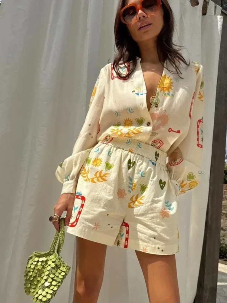 Holiday Print Elastic Waist Pocket Shorts Suit Women Causal Loose Lapel Long Sleeved Shirt 2 Piece Set New Lady Vacation Outfit