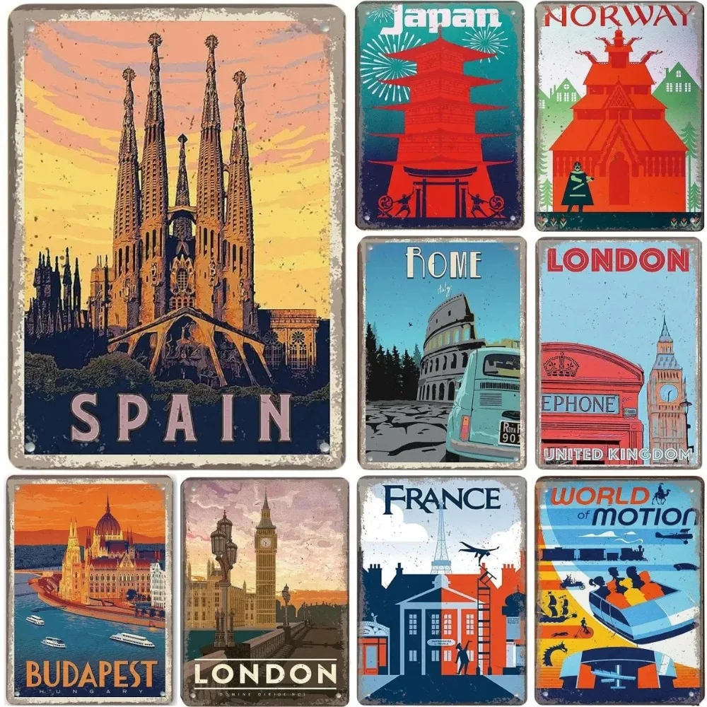 Famous City Landscape Poster Vintage Metal Tin Signs Retro Budapest Japan Malta Spain Plate Wall Art Decor for Living Room Home