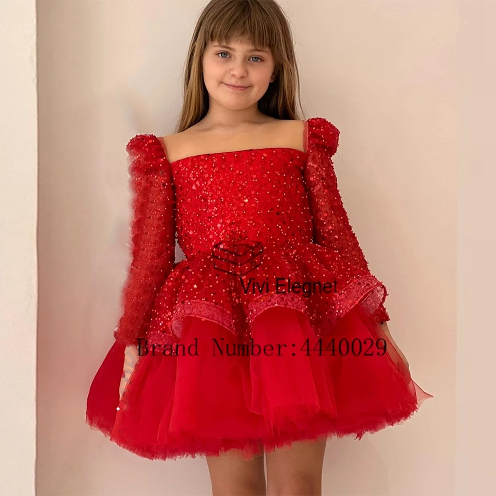 Exquisite Square Collar Flower Girls Dresses for Kids 2024 Full Sleeve Soft Tulle Knee Length Real Picture فلور فتاة اللباس