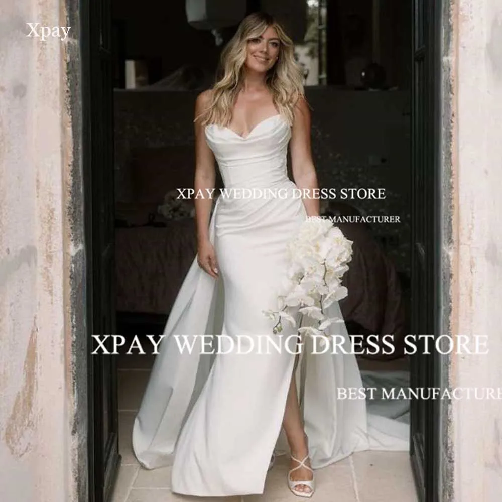 XPAY Sweetheart Mermaid Wedding Dresses Elastic Satin Sleeveless Bridal Gown Remove Train Backless Side Split Bridal Dress