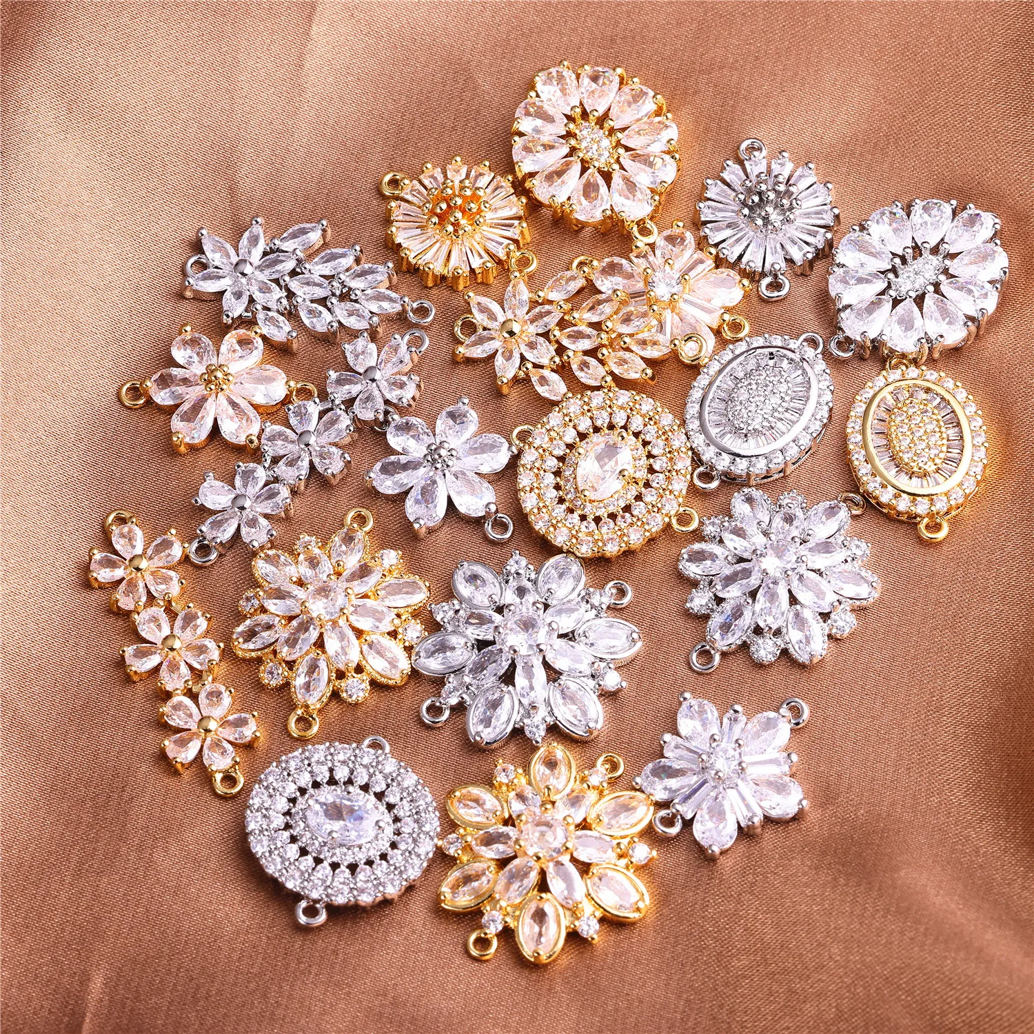 Juya Handmade Jewelry Material Supplies Gold Cubic Zirconia Flower Charm Connectors For DIY Bracelets Earrings Making
